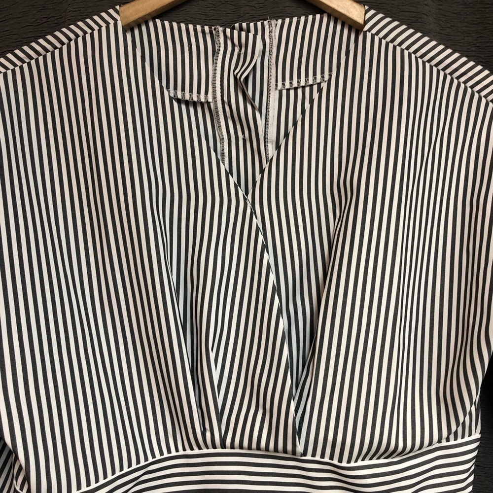White and gray striped dressy blouse with buttons up the back, waistband - Picture 4 of 12